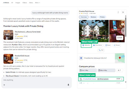 Direct hotel website links in Google AI Mode from your Google Business Profile and from your metasearch ARI feed.
