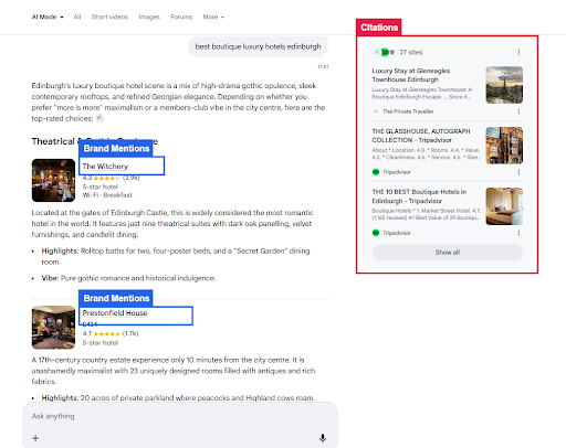 A screenshot comparing the performance of OTAs and hotels in AI search