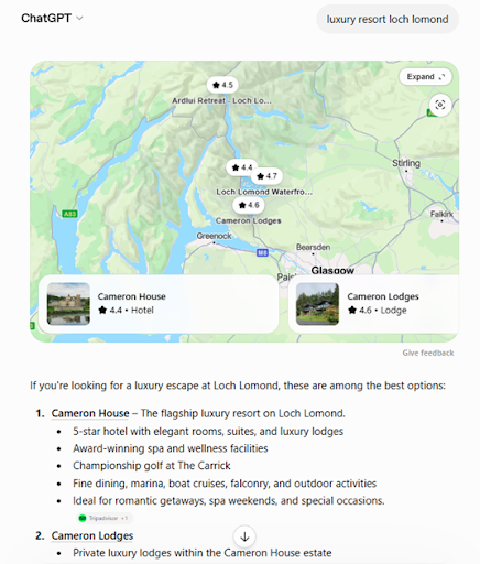 Luxury resort loch lomond Chatgpt search